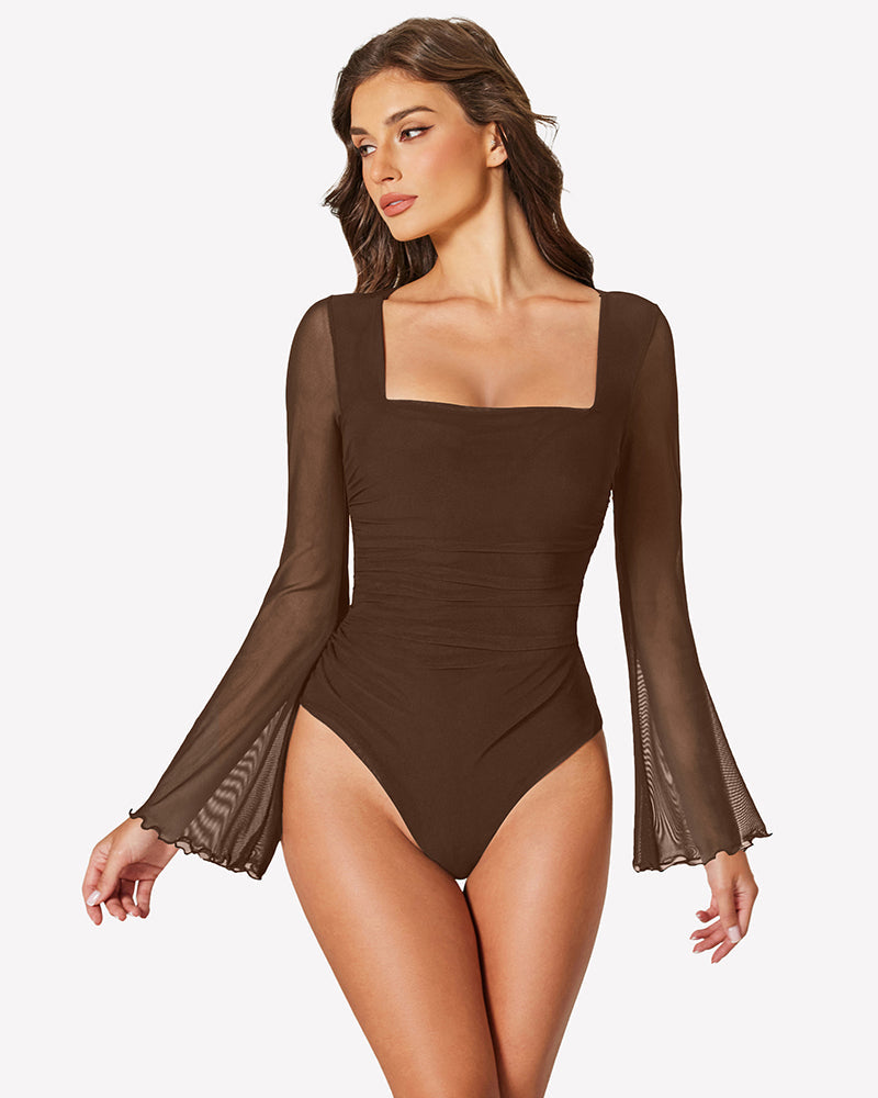 Long Bell Sleeve Mesh Square Neck Bodysuit