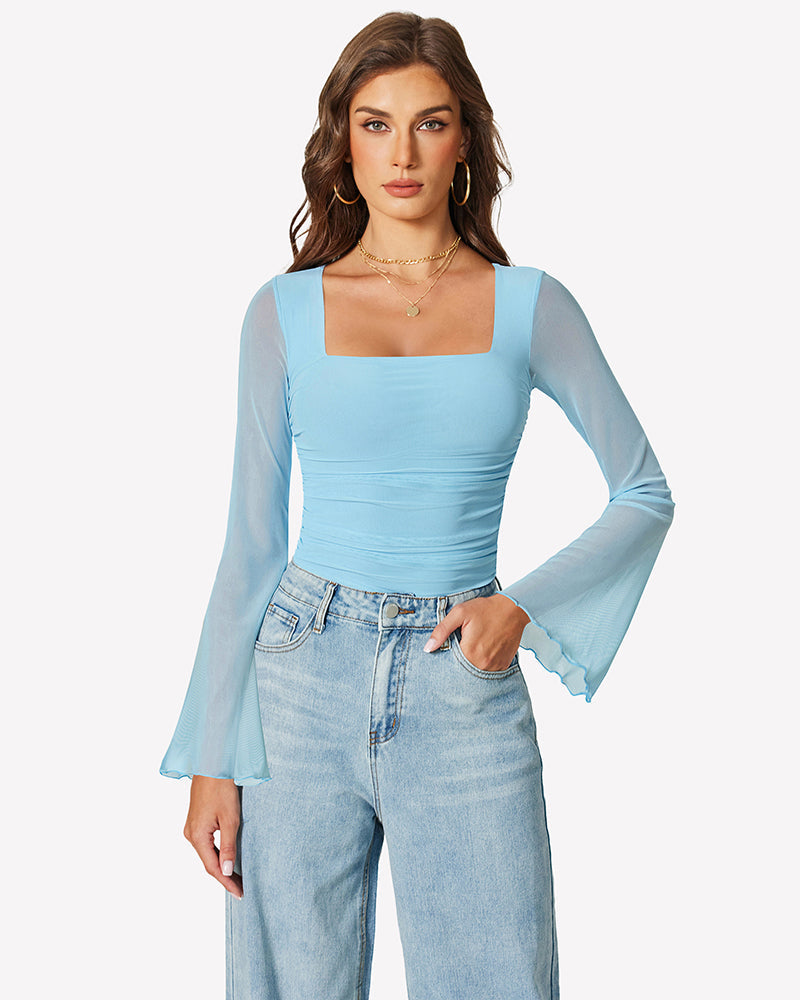 Long Bell Sleeve Mesh Square Neck Bodysuit