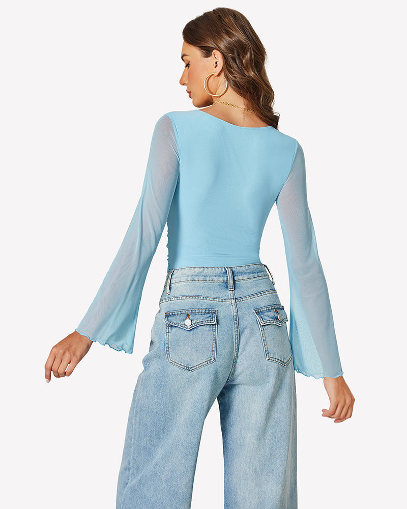 Long Bell Sleeve Mesh Square Neck Bodysuit