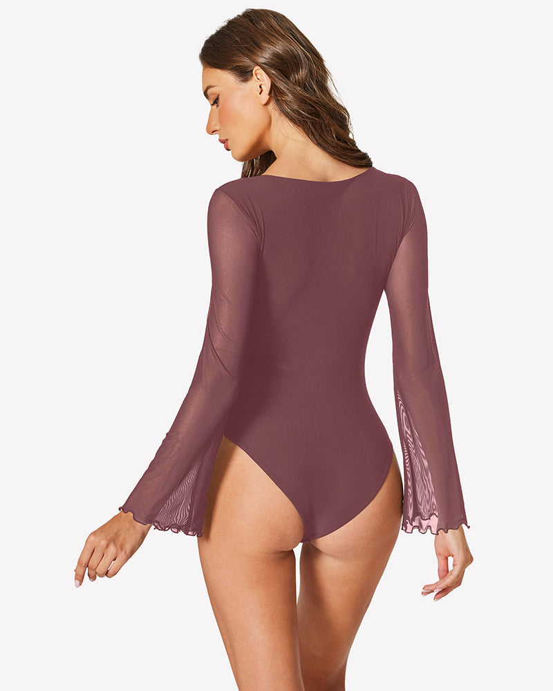 Long Bell Sleeve Mesh Square Neck Bodysuit
