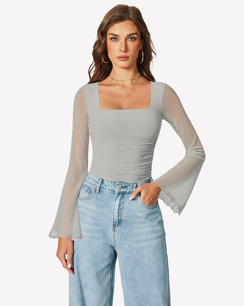 Long Bell Sleeve Mesh Square Neck Bodysuit