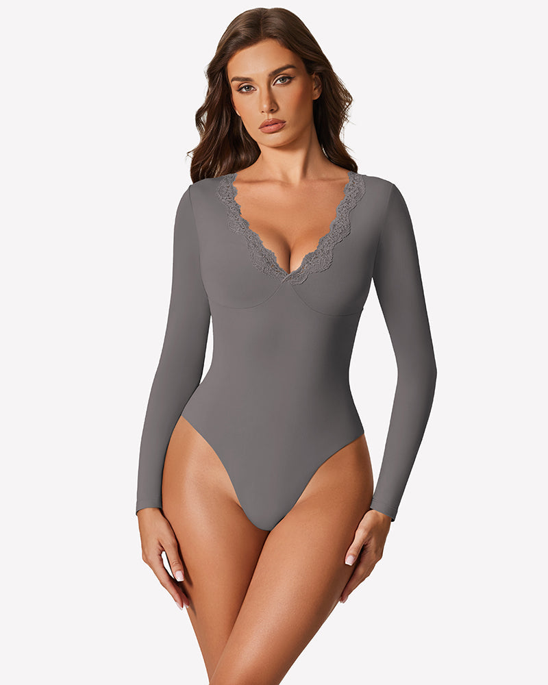 Long Sleeve Lace V Neck Leotard Shirt