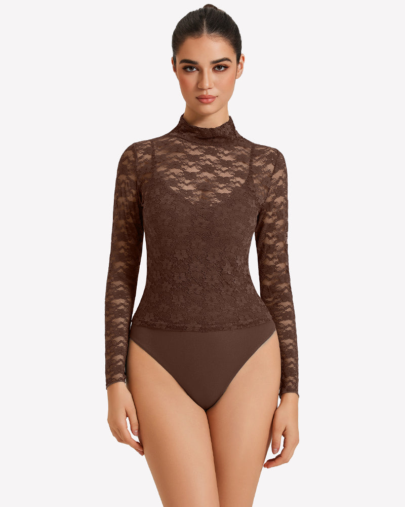Long Sleeve Bodysuit Lace Tops Two Piece Set