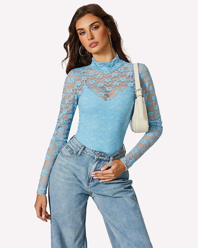 Long Sleeve Bodysuit Lace Tops Two Piece Set