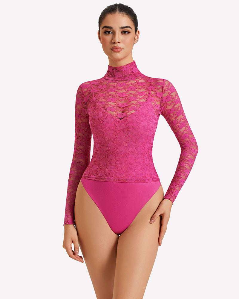 Long Sleeve Bodysuit Lace Tops Two Piece Set