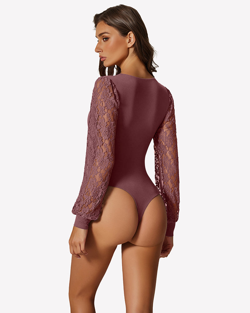 Double Lined Lace Puff Sleeves Leotard
