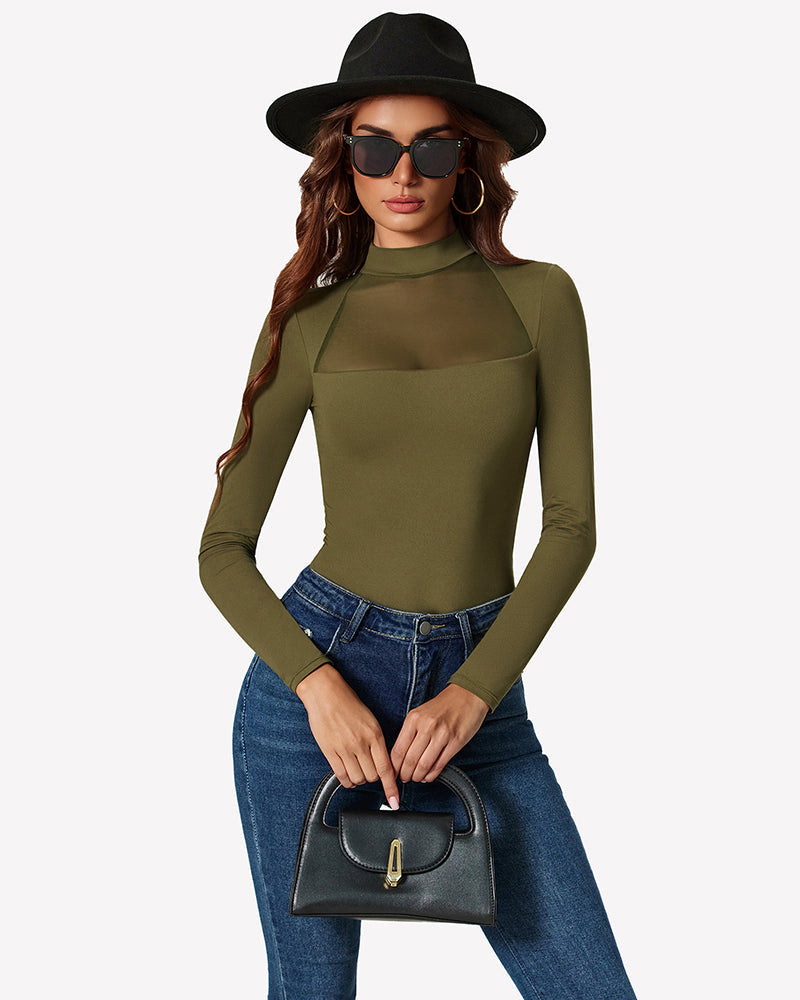 Long Sleeve Leotard Mesh Bodysuit Tops