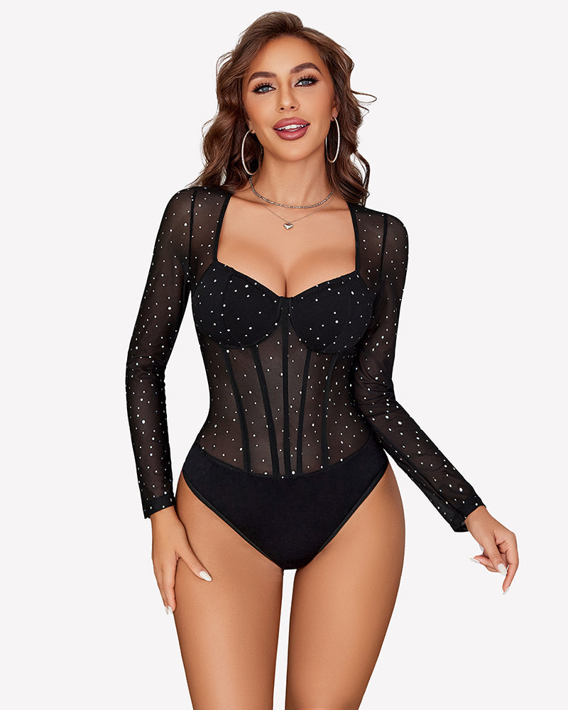 Long Sleeve Bodysuit Sparkle Mesh Top