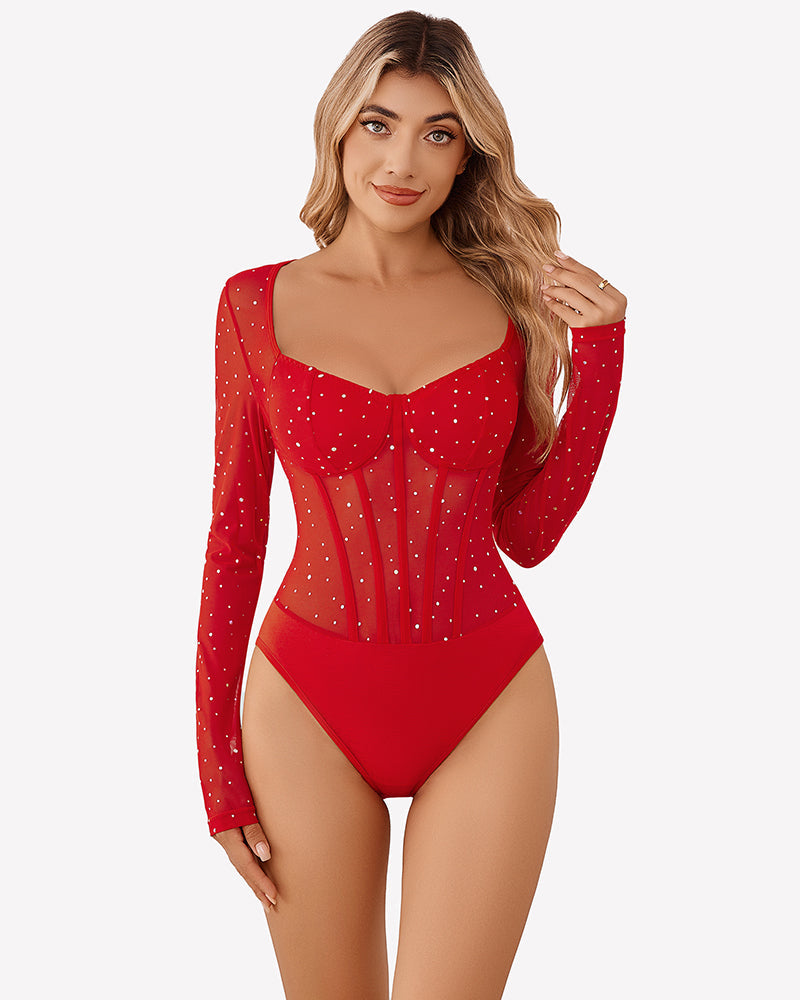 Long Sleeve Bodysuit Sparkle Mesh Top