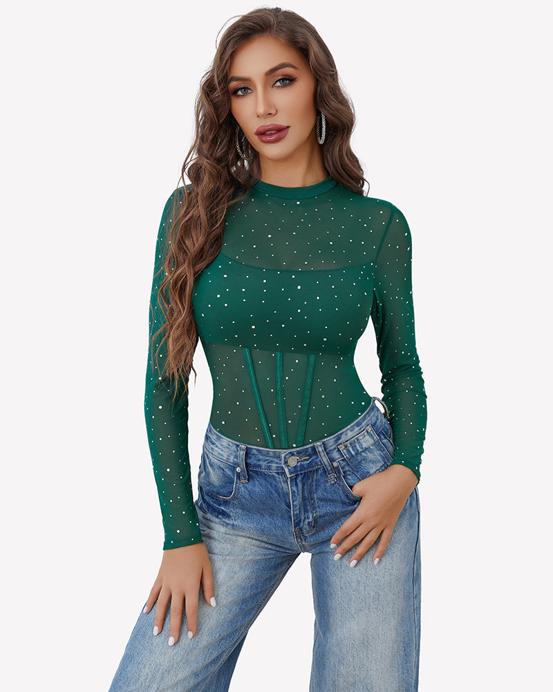Long Sleeve Sheer Rhinestone Bodysuit