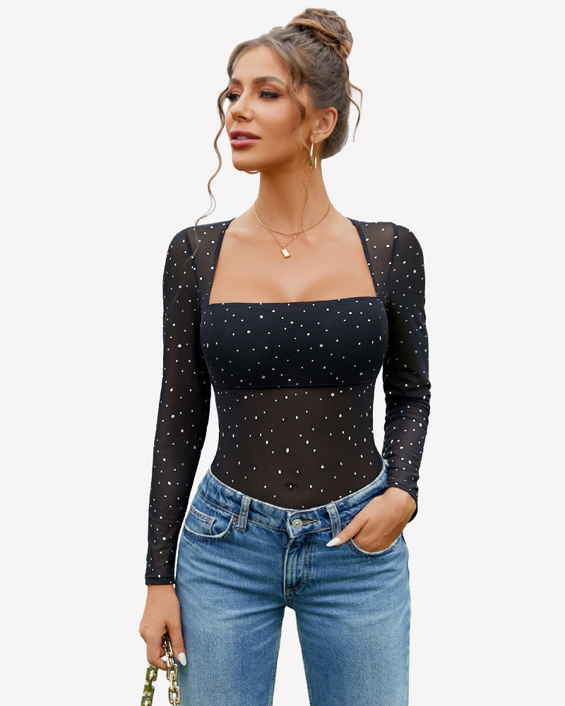 Long Sleeve Rhinestone Mesh Bodysuits