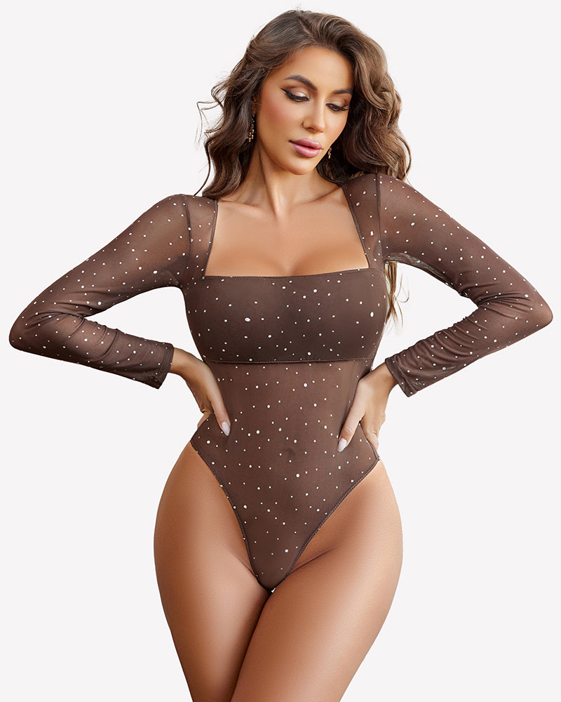 Long Sleeve Rhinestone Mesh Bodysuits