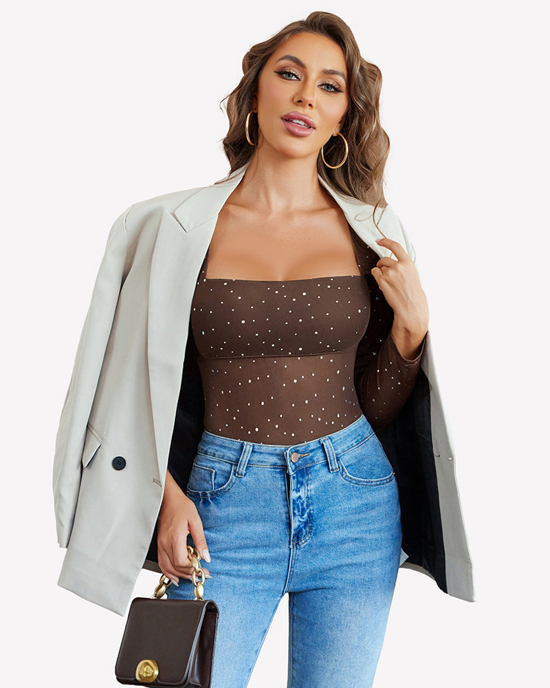 Long Sleeve Rhinestone Mesh Bodysuits