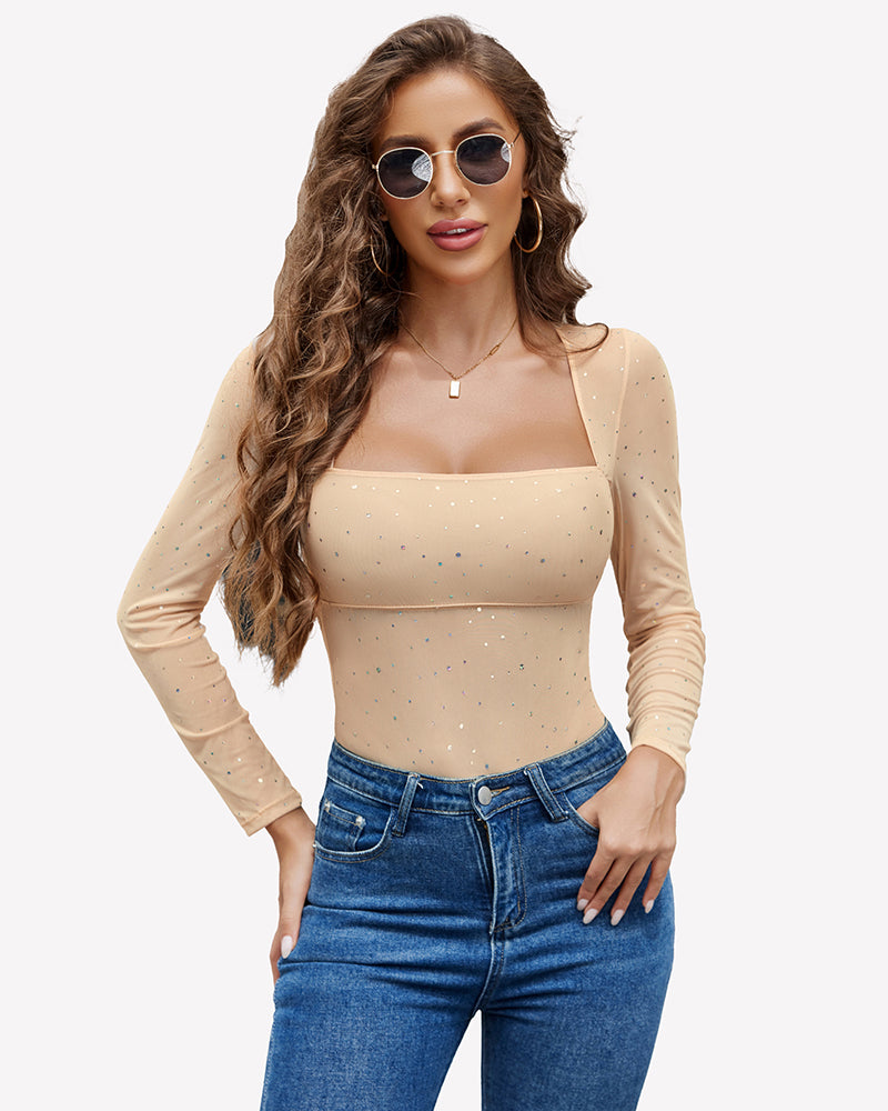 Long Sleeve Rhinestone Mesh Bodysuits