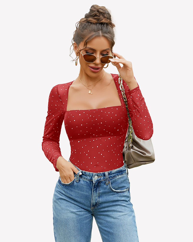 Long Sleeve Rhinestone Mesh Bodysuits