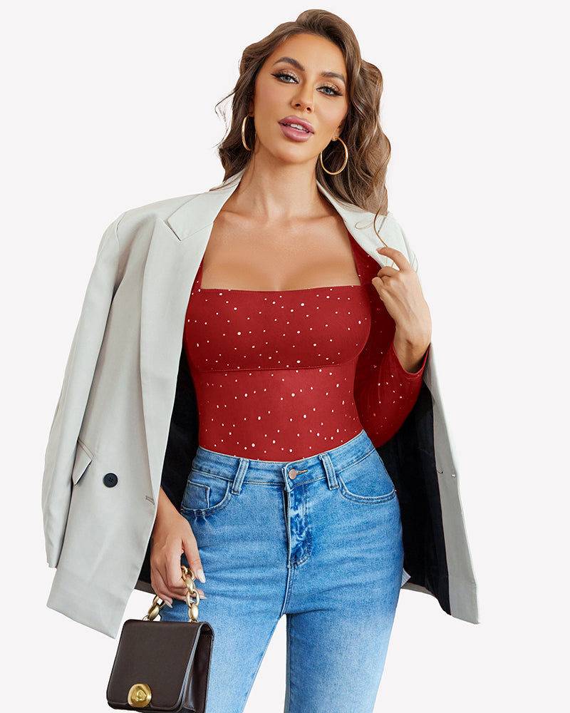 Long Sleeve Rhinestone Mesh Bodysuits