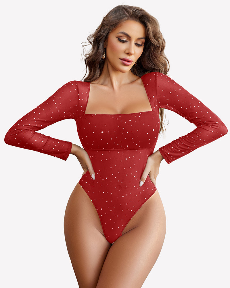 Long Sleeve Rhinestone Mesh Bodysuits