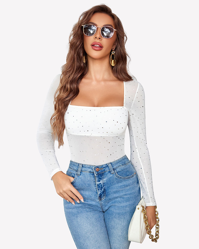 Long Sleeve Rhinestone Mesh Bodysuits