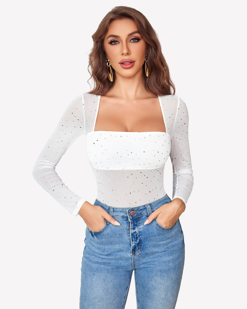 Long Sleeve Rhinestone Mesh Bodysuits