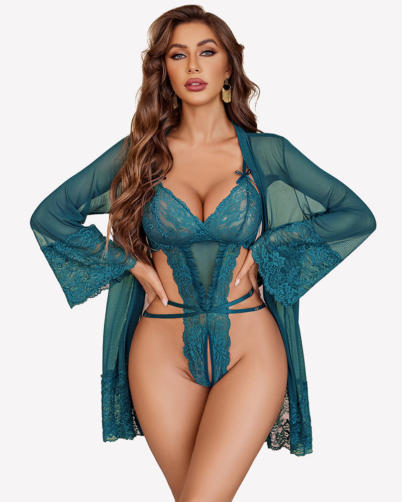 2 Piece Lace Teddy with Mesh Robe
