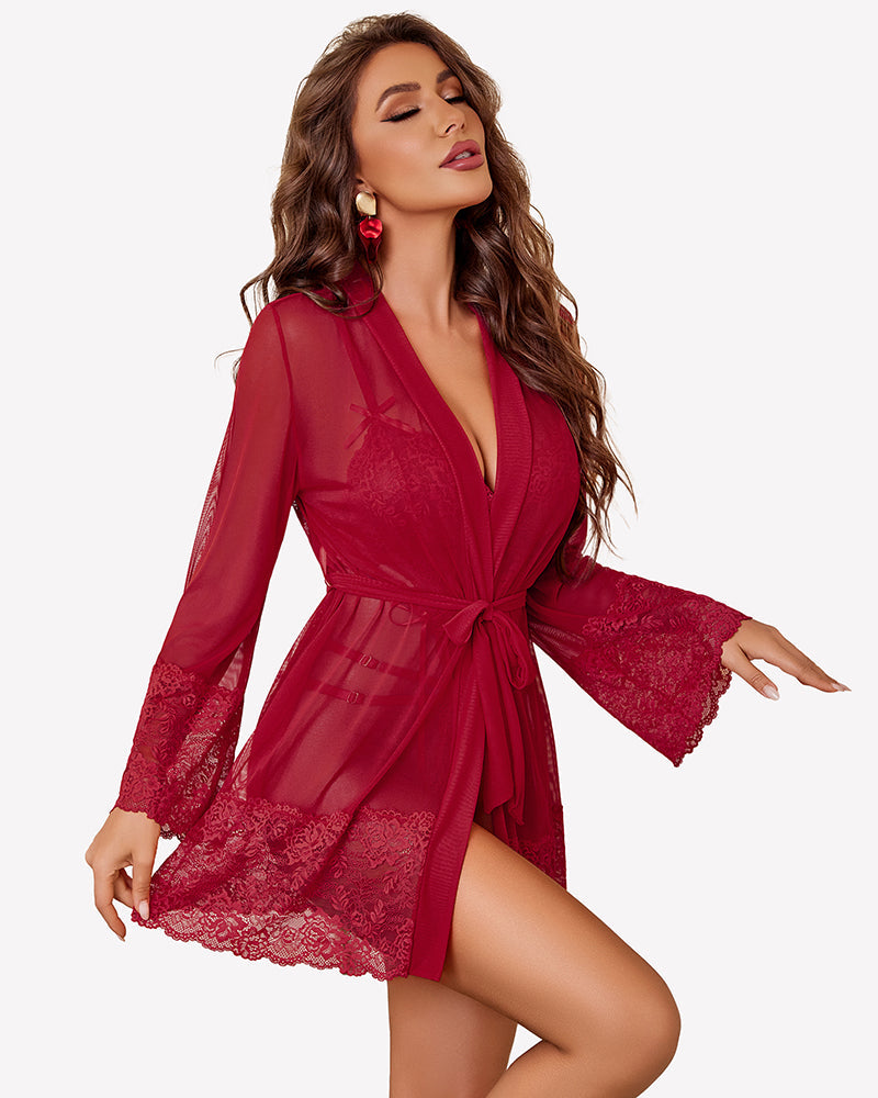 2 Piece Lace Teddy with Mesh Robe