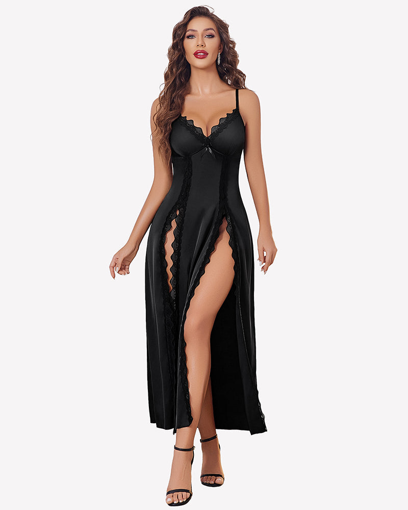 Satin V Neck Side Split Nightgown