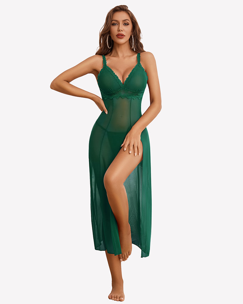 Split Mesh Lace Floral Dress with Thong Set