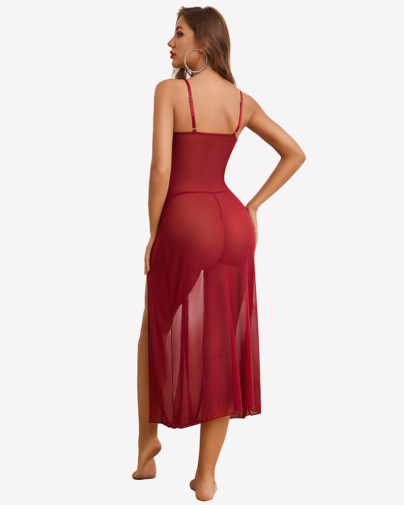 Split Mesh Lace Floral Dress with Thong Set