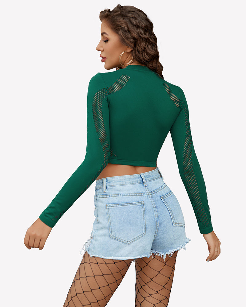 Long Sleeve Fishnet Top Cut Out Top