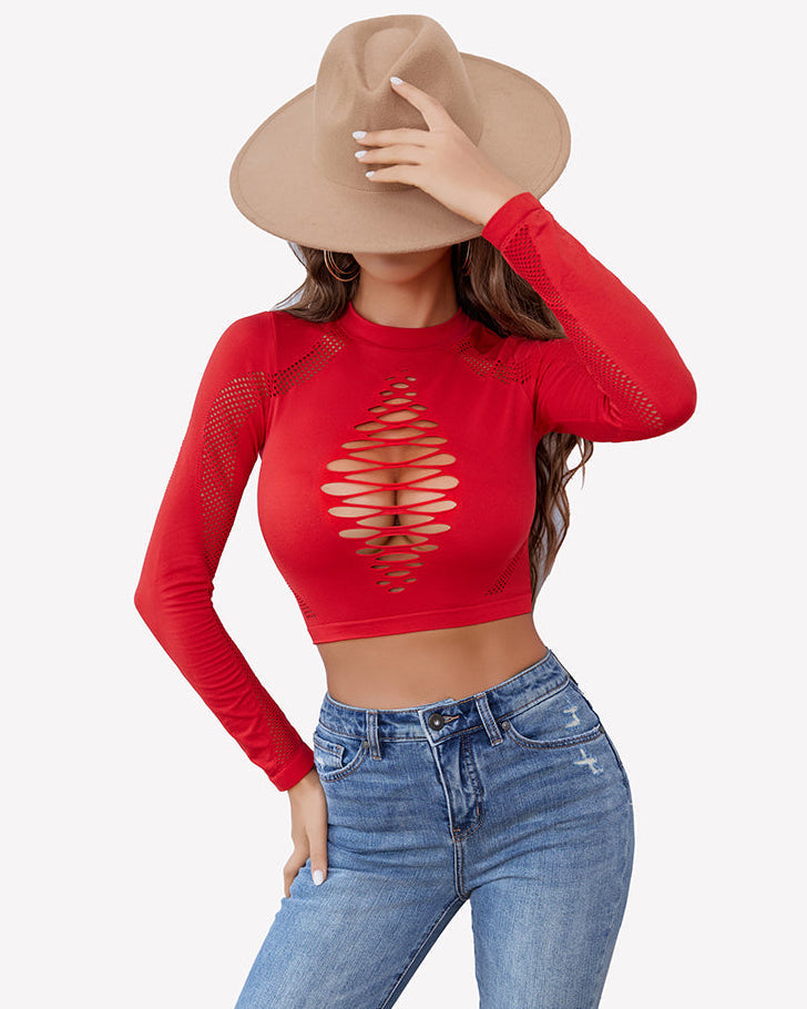 Long Sleeve Fishnet Top Cut Out Top