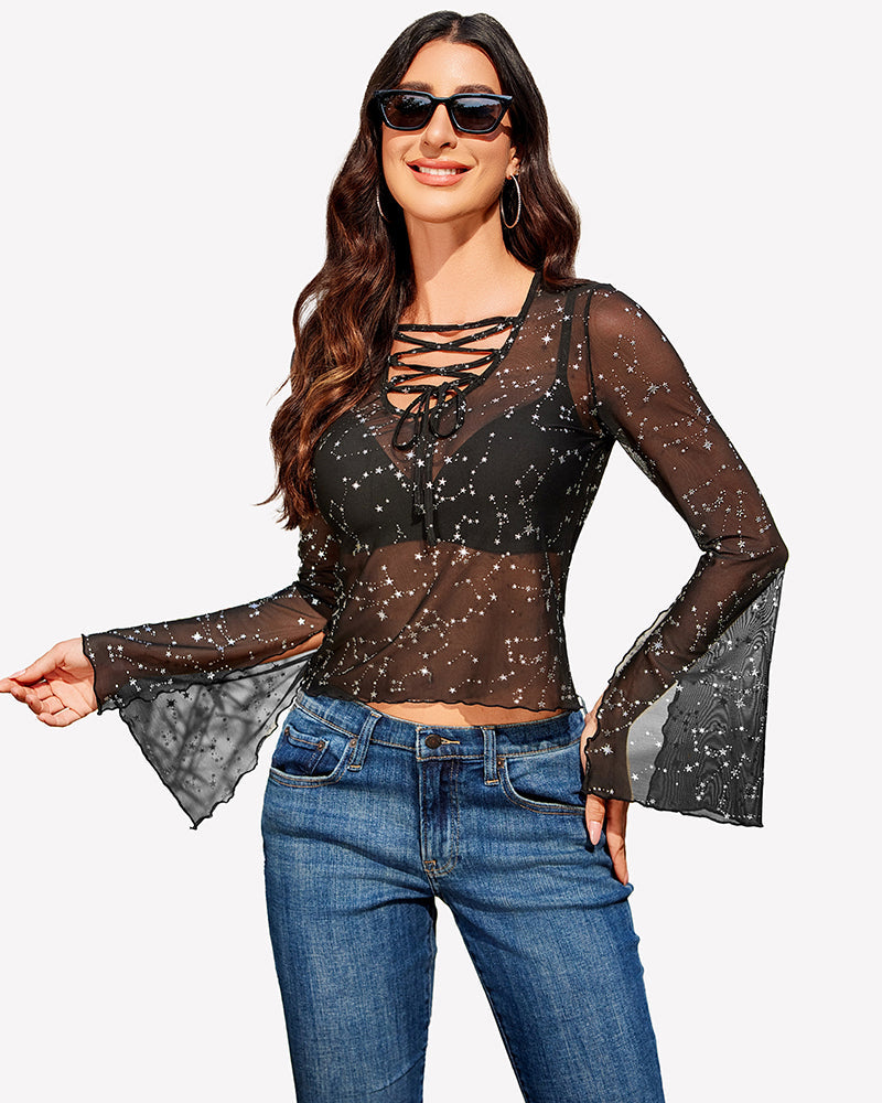 Bell Sleeve Criss Cross V Neck Tops