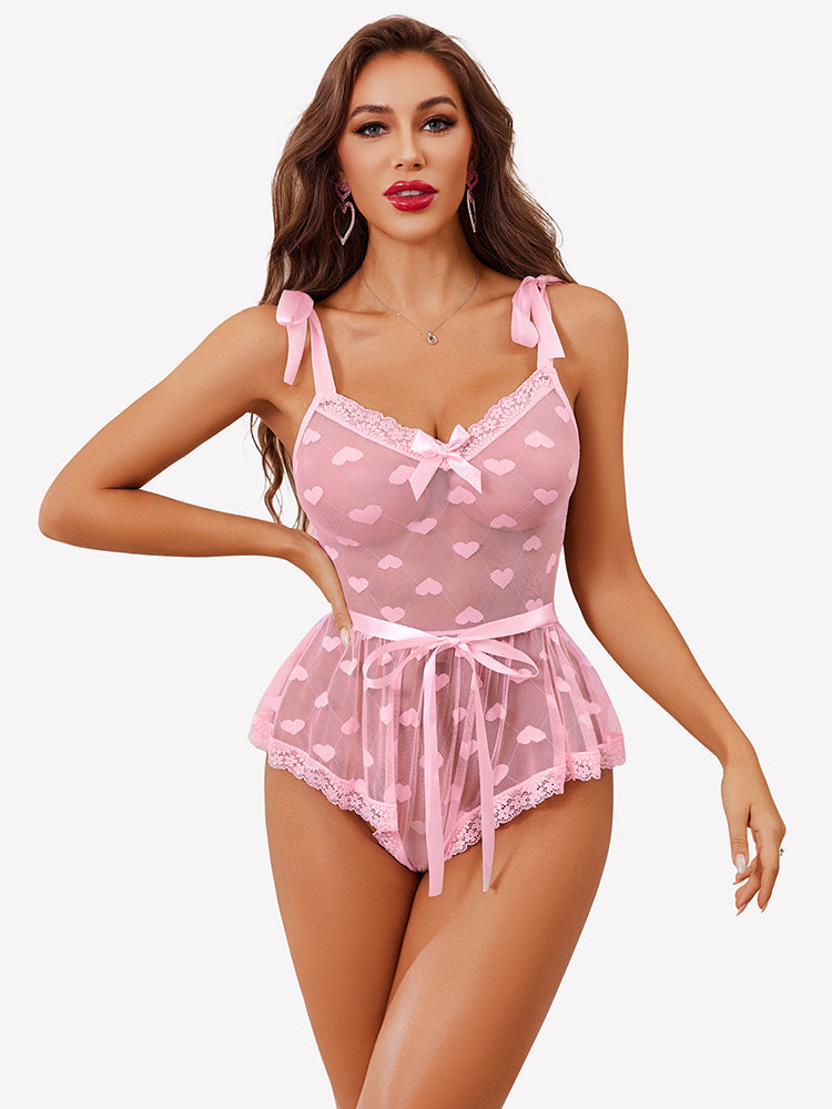 Heart Sheer Mesh Lace Bodysuit with Belt