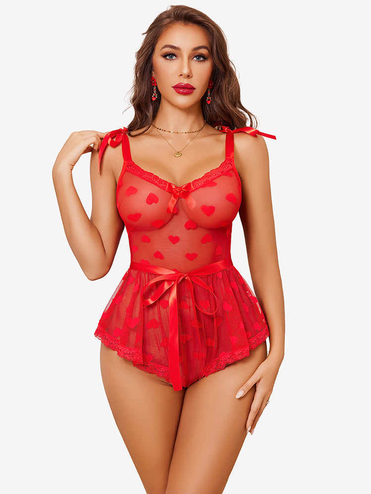 Heart Sheer Mesh Lace Bodysuit with Belt