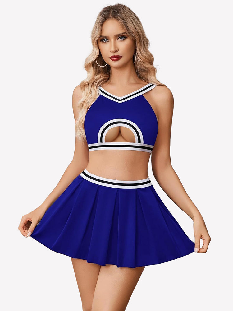 Costume Hollow Crop Top Pleated Skirts Set