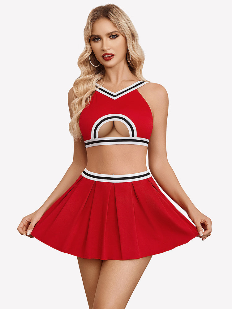 Costume Hollow Crop Top Pleated Skirts Set