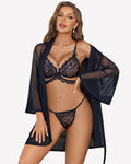 3 Piece Set Sheer Mesh Robe with Lace Bra and Thong