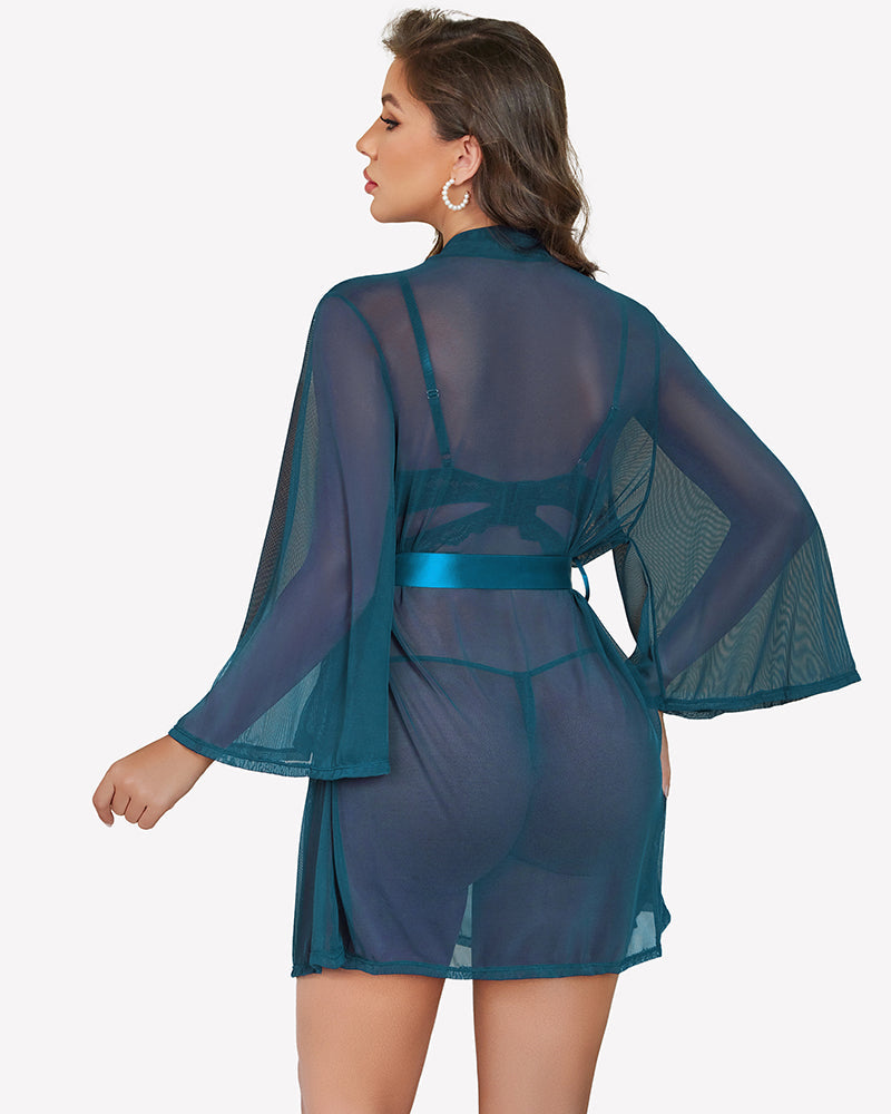 3 Piece Set Sheer Mesh Robe with Lace Bra and Thong