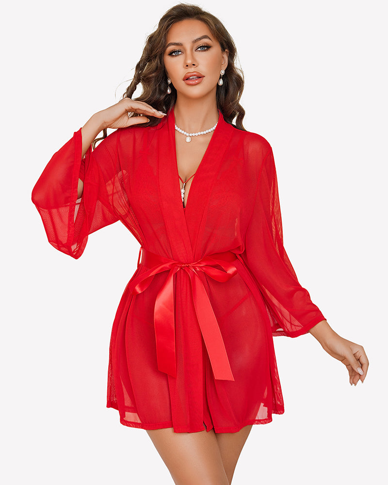 3 Piece Set Sheer Mesh Robe with Lace Bra and Thong