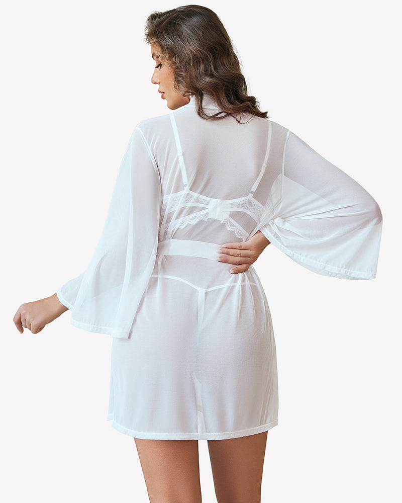 3 Piece Set Sheer Mesh Robe with Lace Bra and Thong