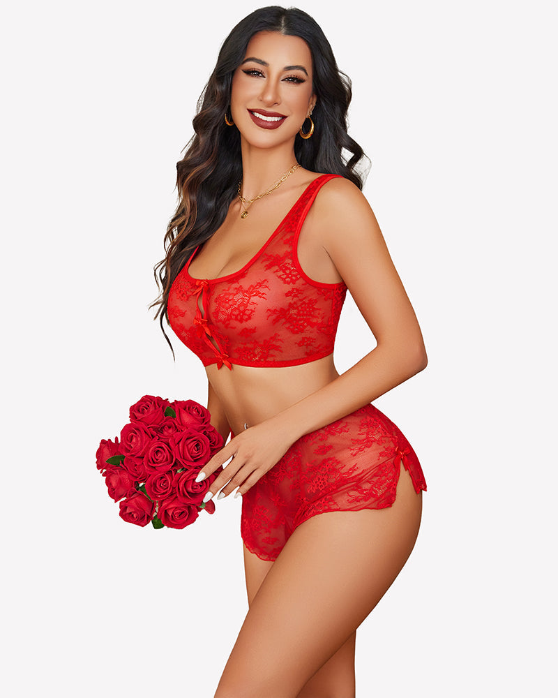 Bow Pajama Set Sheer Floral Lace Bra and Panty