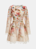 Belted Lace Trim Floral Print Mini Dress