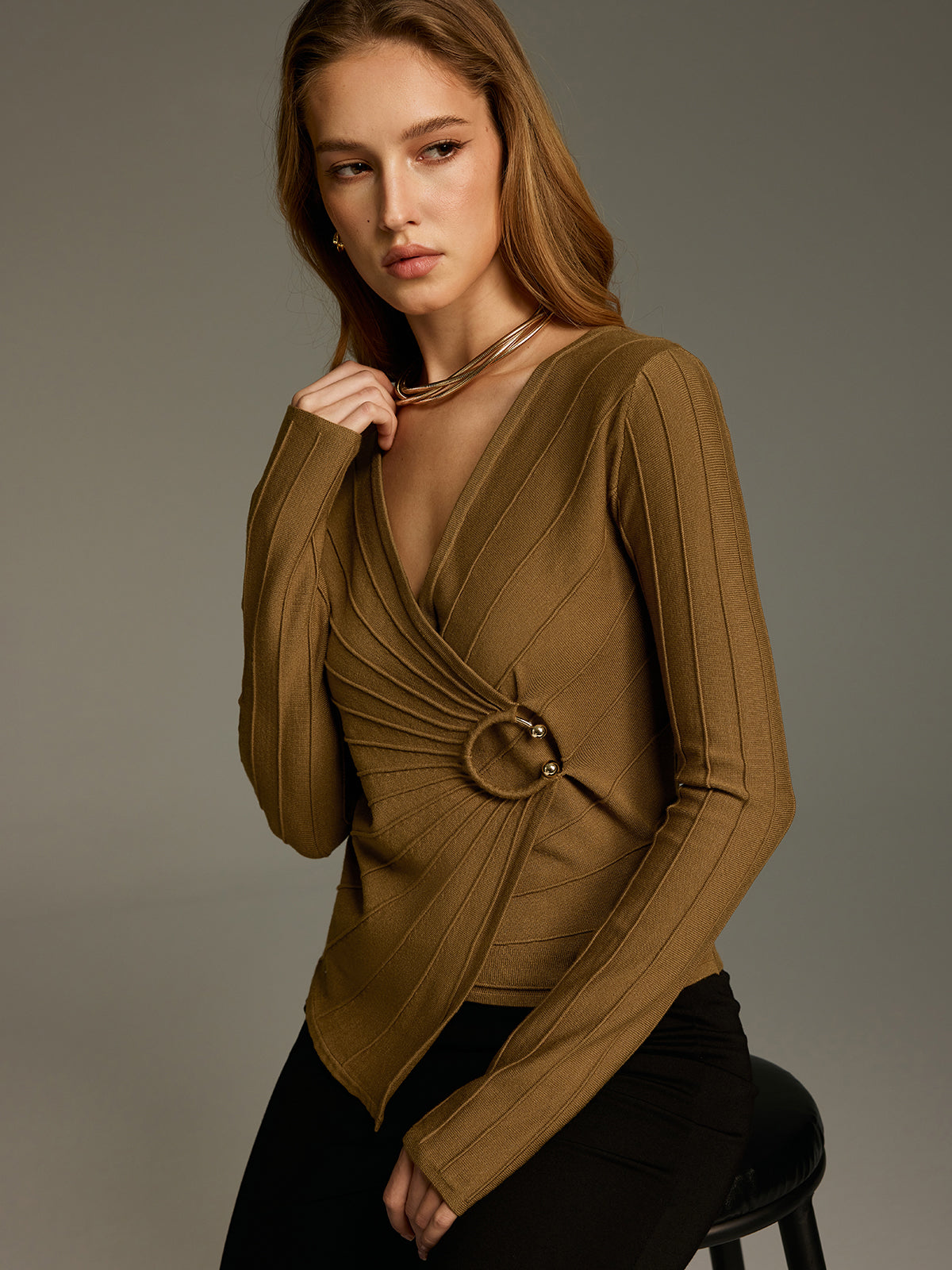 Metal Detail Asymmetric Wrap Knit Top