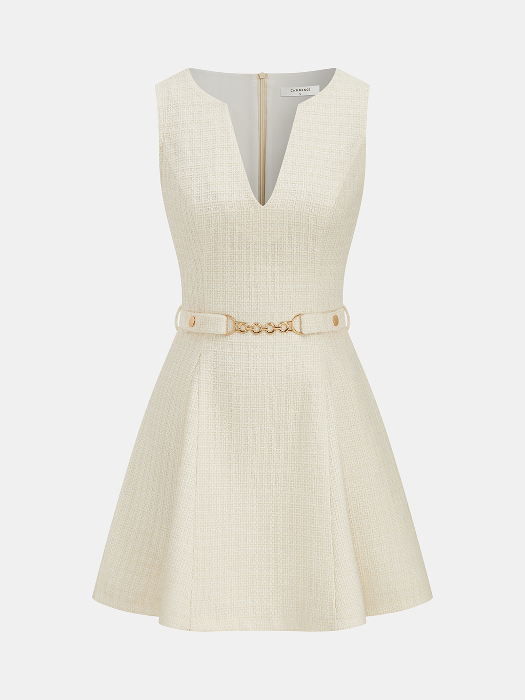 Tweed Sleeveless V-Neck Belted Mini Dress