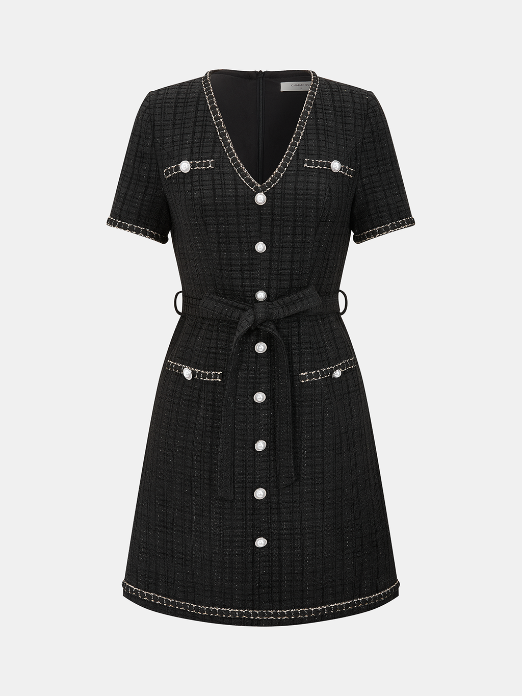 Contrast Trim Pearl Button Tweed Mini Dress