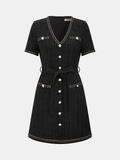 Contrast Trim Pearl Button Tweed Mini Dress