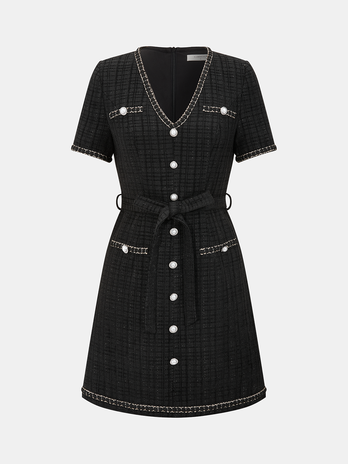 Contrast Trim Pearl Button Tweed Mini Dress