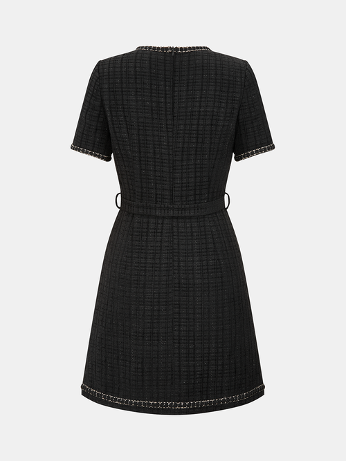 Contrast Trim Pearl Button Tweed Mini Dress