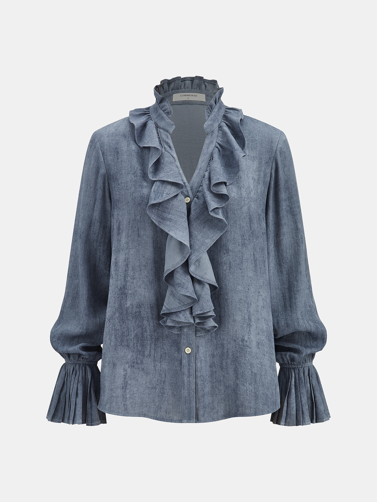 Ruffled Placket Bell Cuff Denim Shirt