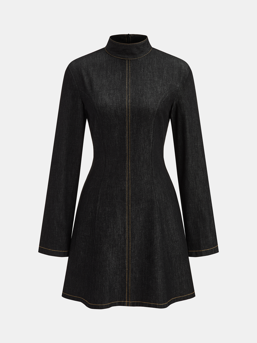 Contrast Stitched Denim Stand Collar Mini Dress