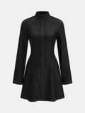 Contrast Stitched Denim Stand Collar Mini Dress